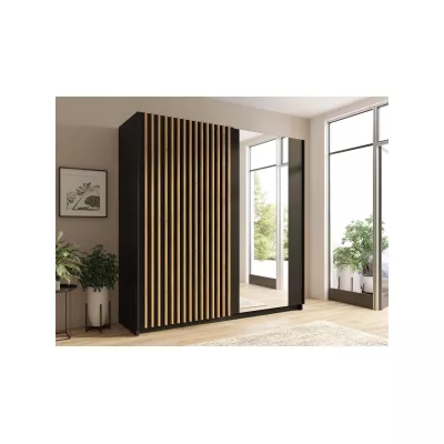 Großer Kleiderschrank 201 cm mit Spiegel SINCEJELO - Eiche handwerklich / schwarz