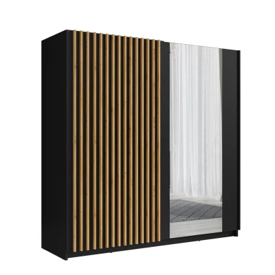 Großer Kleiderschrank 201 cm mit Spiegel SINCEJELO - Eiche handwerklich / schwarz