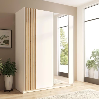 Breiter Kleiderschrank mit Spiegel, 203 cm, YUMBO – Eiche handwerklich/weiß