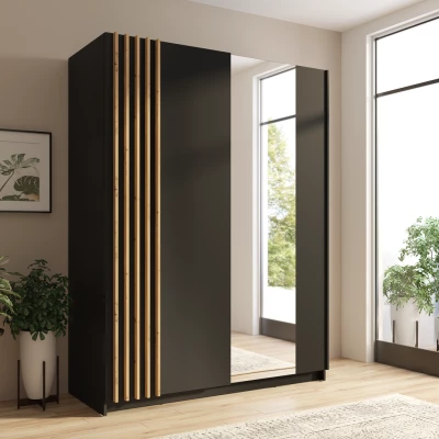 Breiter Kleiderschrank mit Spiegel, 203 cm, YUMBO – Eiche handwerklich/schwarz