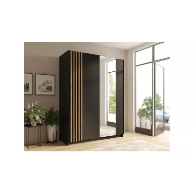 Breiter Kleiderschrank mit Spiegel, 203 cm, YUMBO – Eiche handwerklich/schwarz