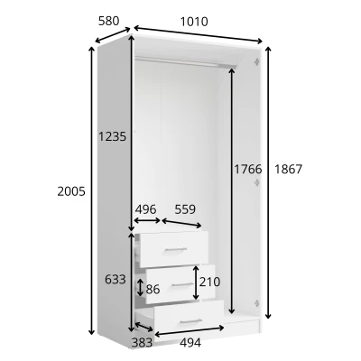 Schmaler Kleiderschrank mit Spiegel, 101 cm, SIBATE – weiß