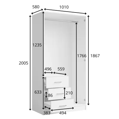 Schmaler Kleiderschrank mit Spiegel, 101 cm, SIBATE – weiß
