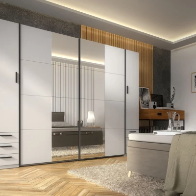 Spiegelschrank 270 cm mit Schubladen GIRADOT - weiß / schwarze Griffe