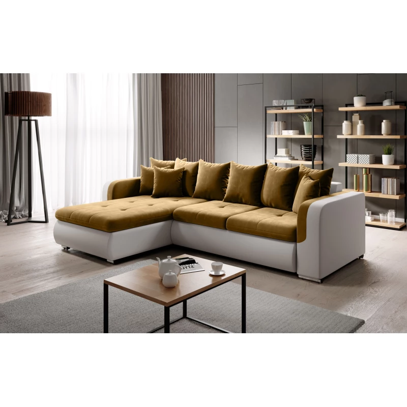 Ecksofa DAFNI MINI – weiß/senffarben, linke Ecke