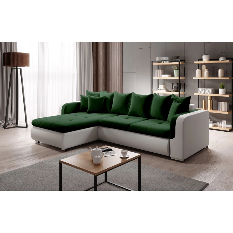 Ecksofa DAFNI MINI – weiß/dunkelgrün, linke Ecke