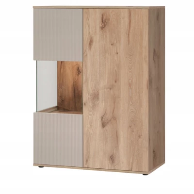 Niedrige Vitrine HAIKA mit LED-Beleuchtung – Viking Oak / Kaschmir