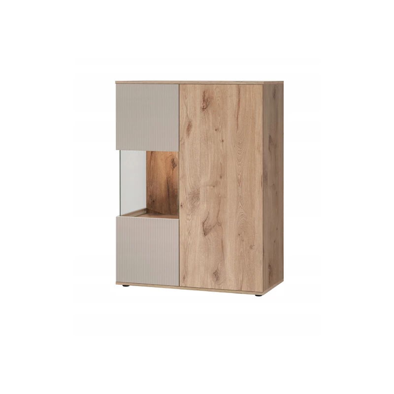 Niedrige Vitrine HAIKA mit LED-Beleuchtung – Viking Oak / Kaschmir