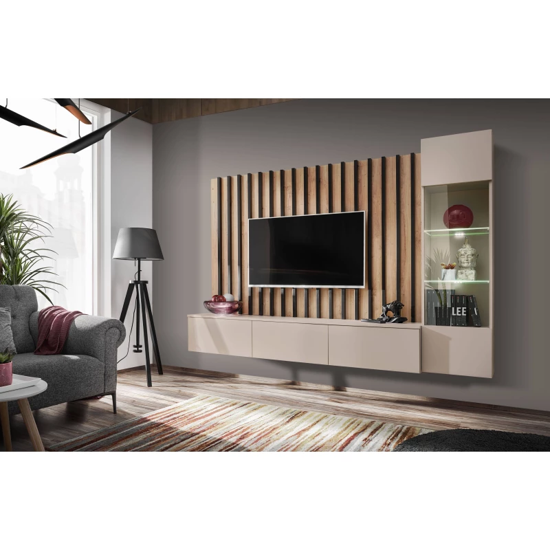 CECILIA Wohnzimmerwand mit LED-Beleuchtung – Kaschmir / Eiche (Artisan) / Schwarz