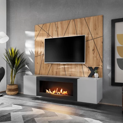 SHIRIKI Wohnzimmer-Set mit Bio-Kamin – Perlgrau / Eiche Artisan / Schwarz