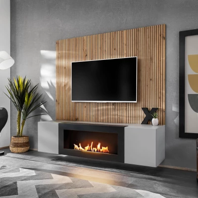 SHIRIKI Wohnwand mit Bio-Kamin – Perlgrau / Eiche Artisan / Schwarz