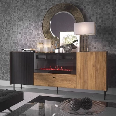 Kommode mit elektrischem Kamin ASHEBORO - Nussbaum / San Sebastián / Schwarz