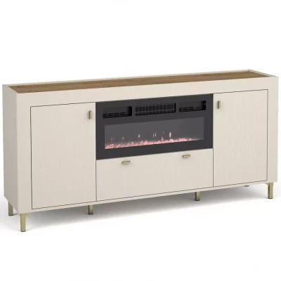 Große Kommode mit elektrischem Kamin AUROVA – Kaschmir/Whisky-Eiche