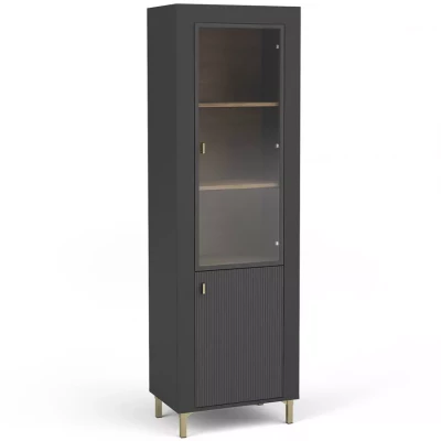 Schmale Glasvitrine AUROVA – Schwarz / Whiskey-Eiche