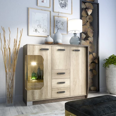 Kommode mit Glaseinsatz BENSON - Canyon Oak / Arusha, Echtholz