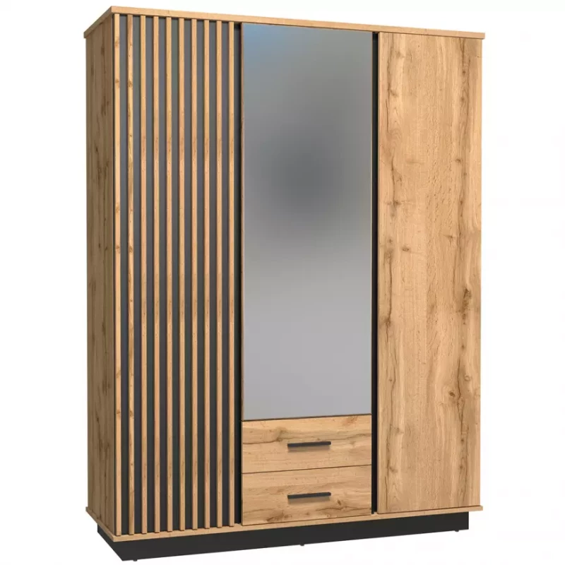 Kleiderschrank 146 cm CATAWBA mit Spiegel - Eiche Wotan / Schwarz