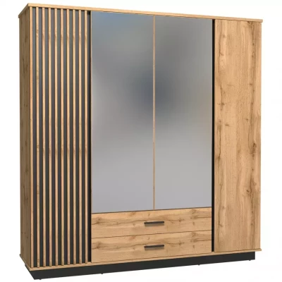 Kleiderschrank 197 cm CATAWBA mit Spiegel - Eiche Wotan / Schwarz
