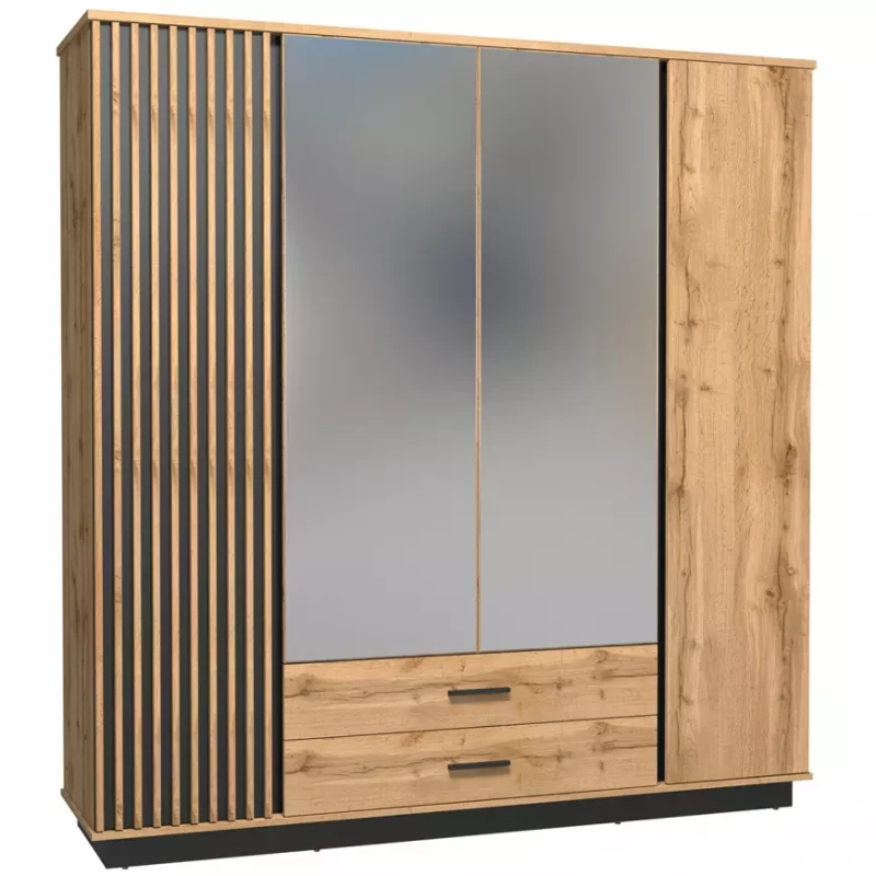 Kleiderschrank 197 cm CATAWBA mit Spiegel - Eiche Wotan / Schwarz