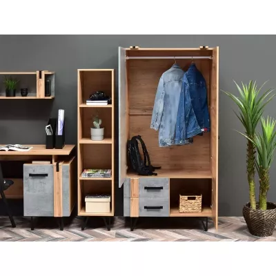 Kleiderschrank 91 cm CONOVER - Wotan-Eiche / Beton / Schwarz