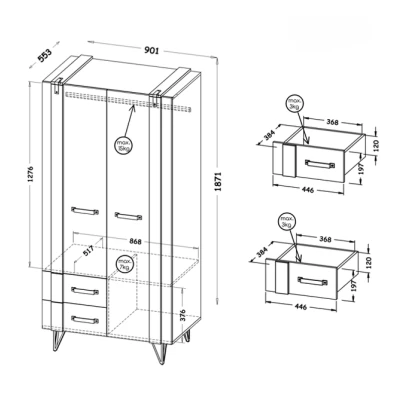 Kleiderschrank 91 cm CONOVER - Wotan-Eiche / Beton / Schwarz