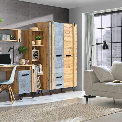 Kleiderschrank mit Regal 46 cm CONOVER - Wotan-Eiche / Beton / Schwarz
