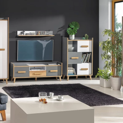 TV-Ständer DOBSON – Riviera-Eiche / Weiß / Anthrazit