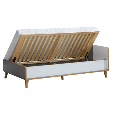 Einzelbett 90x195 mit Stauraum DOBSON - Riviera Eiche / Weiß / Anthrazit