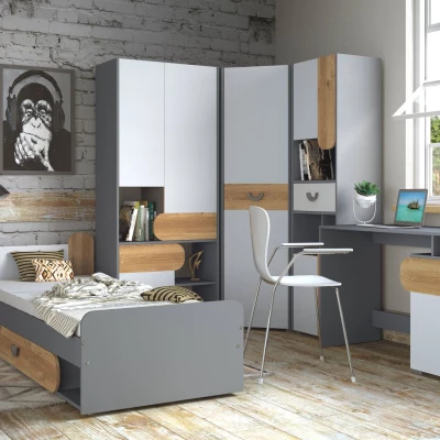 Einzelbett 80x195 EDENTON mit Schublade - Nash Oak / Graphit / Weiß