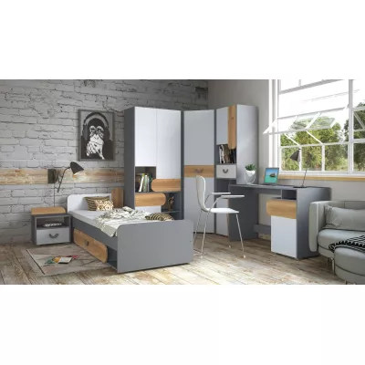 Einzelbett 80x195 EDENTON mit Schublade - Nash Oak / Graphit / Weiß