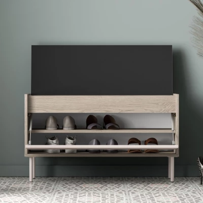 Sitzender Klappschuhschrank RENATE – Eiche Cremona / Kaschmir / Beige