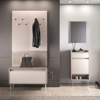 Sitzender Klappschuhschrank RENATE – Eiche Cremona / Kaschmir / Beige