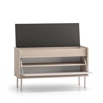 Sitzender Klappschuhschrank RENATE – Eiche Cremona / Kaschmir / Beige