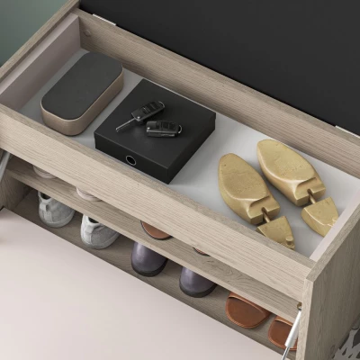 Sitzender Klappschuhschrank RENATE – Eiche Cremona / Kaschmir / Beige