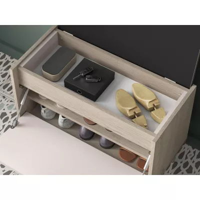Sitzender Klappschuhschrank RENATE – Eiche Cremona / Kaschmir / Beige