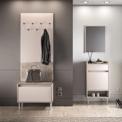 Klappbarer Schuhständer mit Sitzbank RENATE – Cremona-Eiche / Kaschmir / Beige