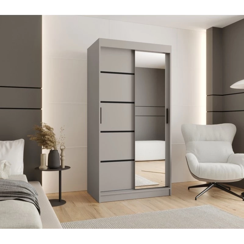 Schmaler Kleiderschrank 100 cm CASANDRA mit Spiegel - Kaschmir/Schwarz