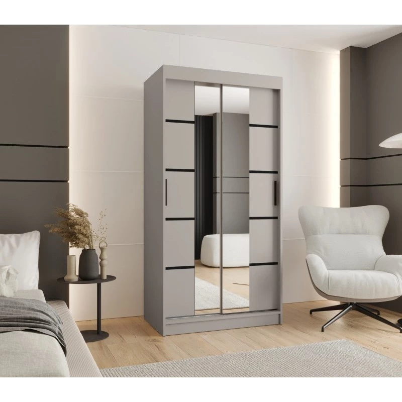 Schmaler Kleiderschrank mit Schiebetüren, 100 cm breit, CASANDRA – Kaschmir/Schwarz