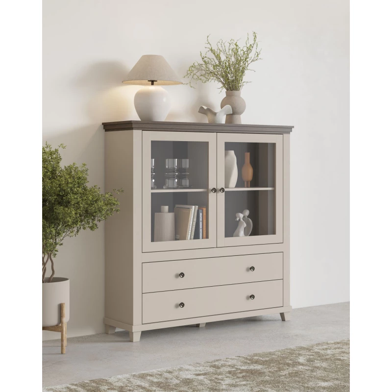Hohe Kommode mit Glastüren EROL – Beige/Dunin-Eiche