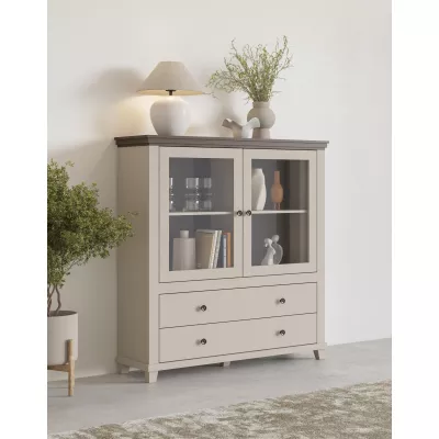 Hohe Kommode mit Glastüren EROL – Beige/Dunin-Eiche