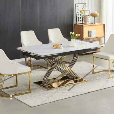 Ausziehbarer Designer-Esstisch NABIL – Weiß/Gold