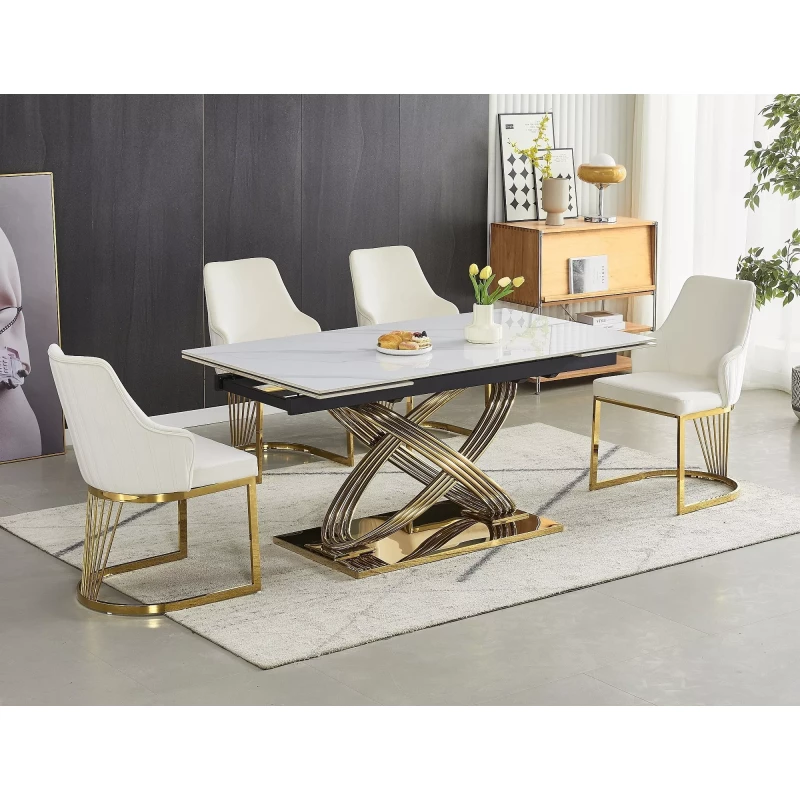 Ausziehbarer Designer-Esstisch NABIL – Weiß/Gold