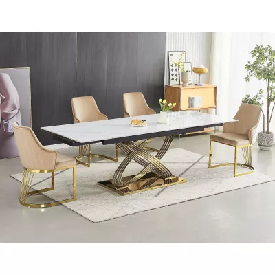 Ausziehbarer Designer-Esstisch NABIL – Weiß/Gold