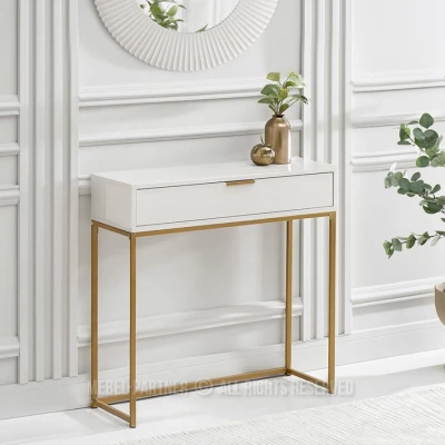 NIRAI Konsolentisch mit Schublade – Weiß/Gold