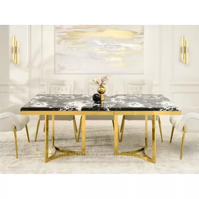 Stilvoller Esstisch FARIS – schwarz-weißer Marmor / Gold