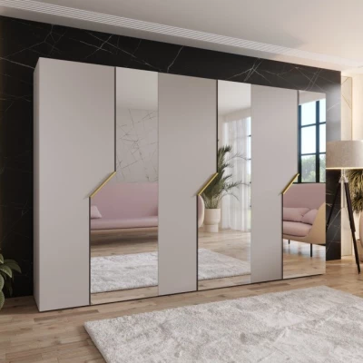 Breiter Spiegelschrank 300 cm ELIRA 2 - Kaschmir / goldene Griffe