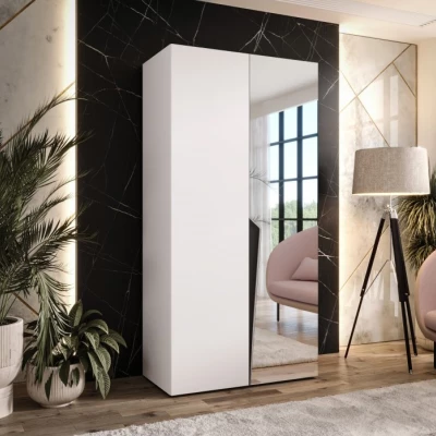 Kleiderschrank mit Spiegel, 100 cm, SORAYA 2 – weiß/schwarzer Griff