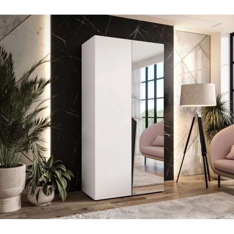 Kleiderschrank mit Spiegel, 100 cm, SORAYA 2 – weiß/schwarzer Griff