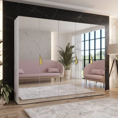 Breiter Kleiderschrank 250 cm AMARIS 3 mit Spiegel - weiß / goldene Griffe