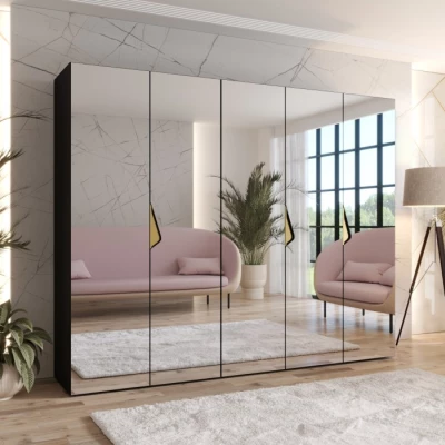 Breiter Kleiderschrank 250 cm AMARIS 3 mit Spiegel - schwarz / goldene Griffe