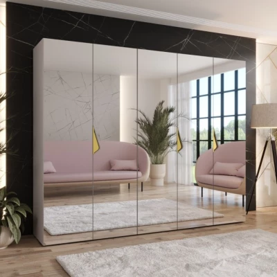 Breiter Kleiderschrank 250 cm AMARIS 3 mit Spiegel - Kaschmir / goldene Griffe